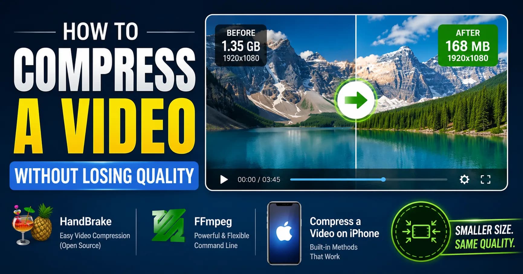 How to Compress a Video Without Losing Quality (2026 Guide — HandBrake, FFmpeg, iPhone)